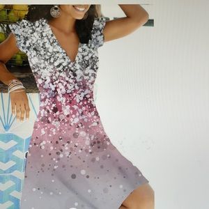 Polka Dot Short Sleeve V-Neck Casual Pink/Gray Dress M